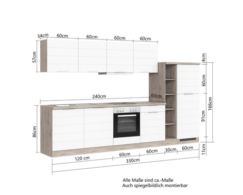 Kuchyňská linka s horními a spodními skříňkami a vestavěnou troubou s rozměry