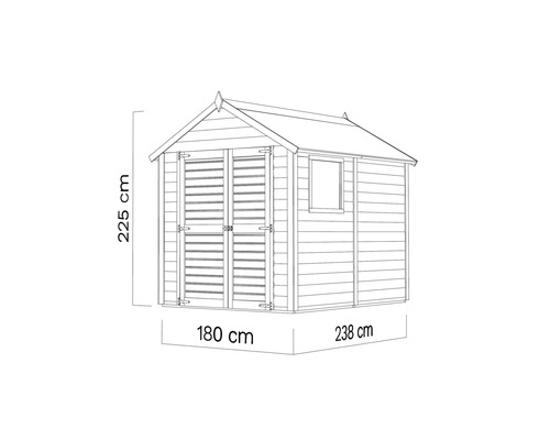Technický nákres zahradního domku o rozměrech 225 x 180 x 238 cm