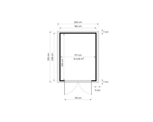 Rozměry zahradního domku: výška 252 centimetrů, šířka 202 centimetrů, plocha 4,16 metru čtverečního