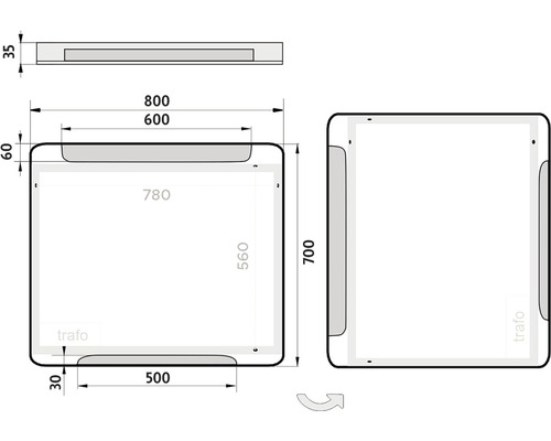 Technický výkres zrcadla s rozměry