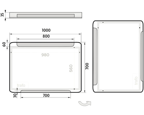 Technický výkres zrcadla se světlem a rozměry