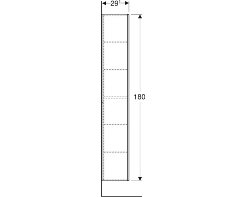 Technický výkres vysoké skříně o rozměrech 29 centimetrů šířky a 180 centimetrů výšky
