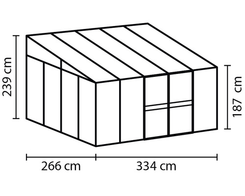 Obrázek skleníku s rozměry 239 centimetrů výška, 266 centimetrů délka, 334 centimetrů délka a 187 centimetrů výška.