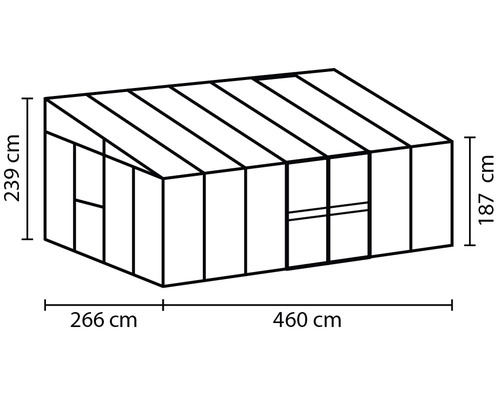 Obrázek skleníku o rozměrech 266 cm, 460 cm, 239 cm a 187 cm.