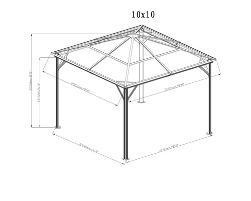 Nákres altánu s uvedením rozměrů.