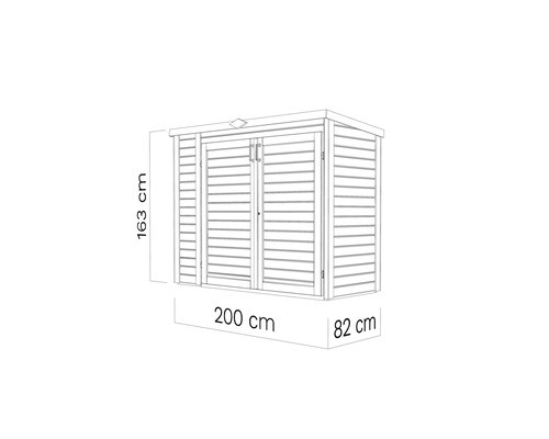 Obrázek zahradního domku o rozměrech 163 cm výška, 200 cm šířka a 82 cm hloubka.