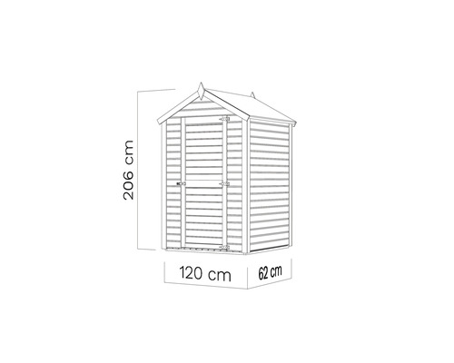 Nákres zahradního domku o rozměrech 206 cm výška, 120 cm šířka a 62 cm hloubka.