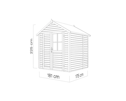 Ilustrace zahradního domku o rozměrech 225 cm výška, 181 cm šířka a 175 cm hloubka