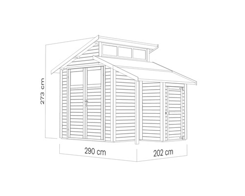 Nákres zahradního domku s přístavbou a rozměry