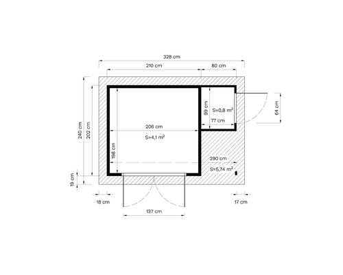 Půdorys s rozměry v centimetrech a plochami v metrech čtverečních