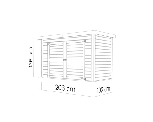 Obrázek zahradního domku o rozměrech 206 cm šířka, 102 cm hloubka a 135 cm výška