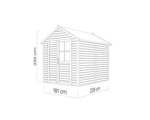 Ilustrace zahradního domku o rozměrech 181 cm x 239 cm x 225 cm.