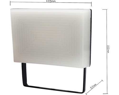 LED nástěnné svítidlo o rozměrech 105 mm šířka, 102 mm výška a 57 mm hloubka.