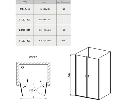 Technický nákres sprchového koutu s rozměry