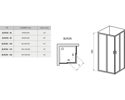 Technický nákres rohového sprchového koutu s rozměry