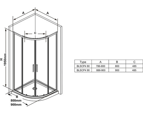 Technický nákres sprchového koutu s rozměry