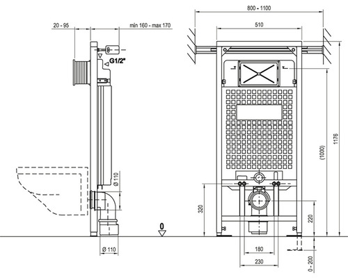 Technický výkres WC instalačního modulu s rozměry