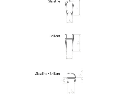 Profily Glassline, Brillant a Glassline/Brillant s rozměry