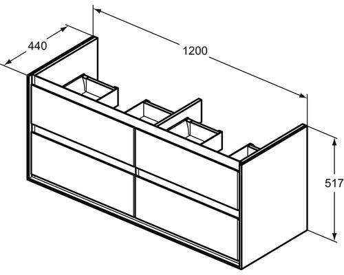 Technický nákres skříňky pod umyvadlo o rozměrech 1200 x 440 x 517 mm.