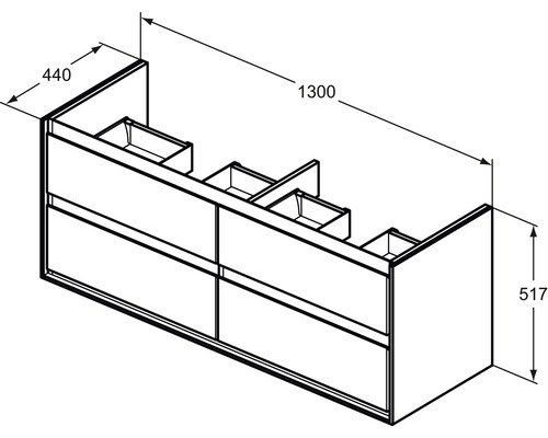 Nákres skříňky pod umyvadlo o rozměrech 1300 x 440 x 517 mm.