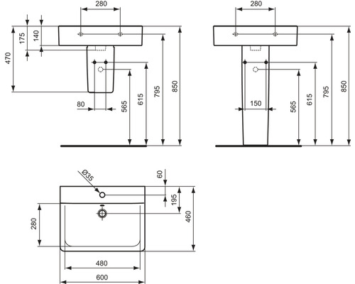 Technický nákres umyvadla s rozměry.