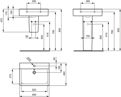 Technický výkres umyvadla s rozměry.