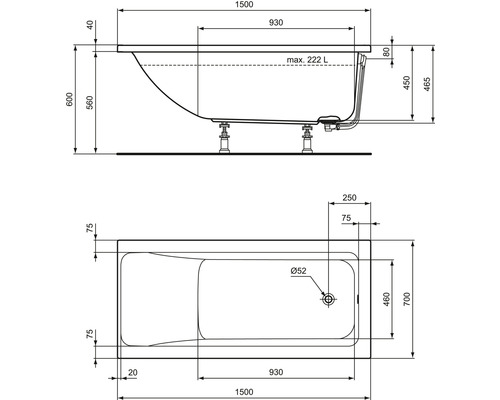 Technický nákres vany s rozměry