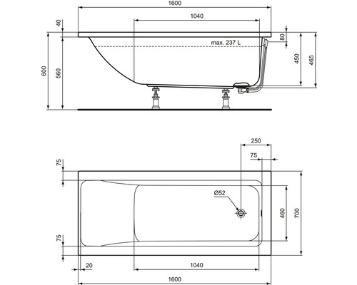 Technický výkres vany s rozměry