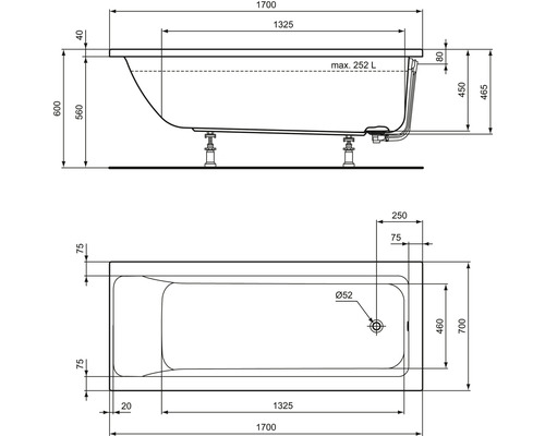 Technický výkres vany s rozměry.