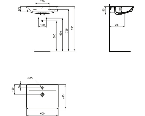 Technický nákres umyvadla s rozměry