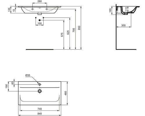 Technický nákres umyvadla s rozměry