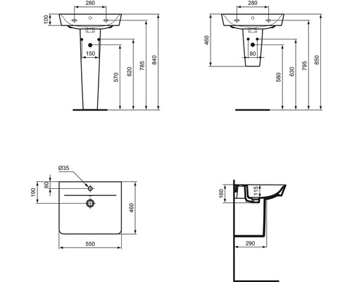 Technický nákres umyvadla s rozměry