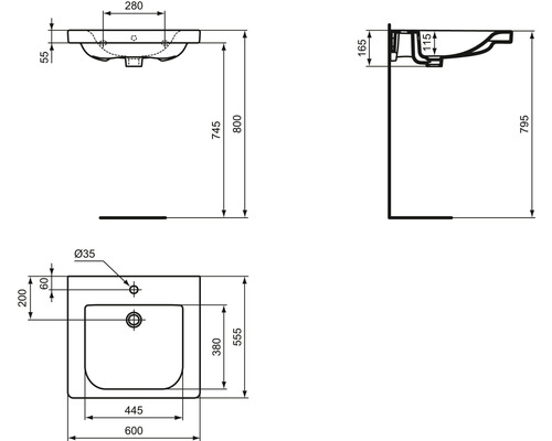 Technický výkres umyvadla s rozměry