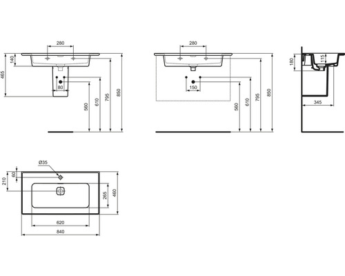 Technický výkres umyvadla s rozměry