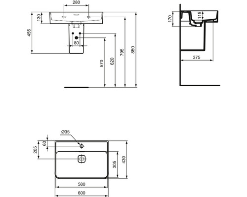 Technický nákres umyvadla s rozměry