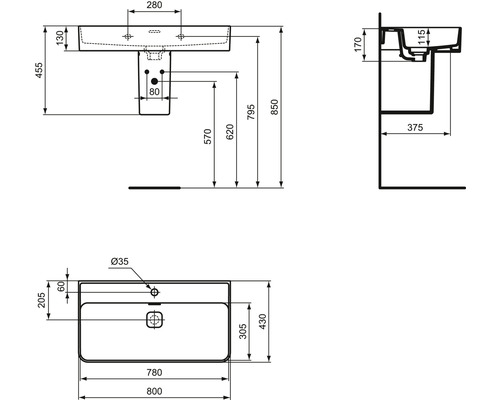 Technický nákres umyvadla s rozměry
