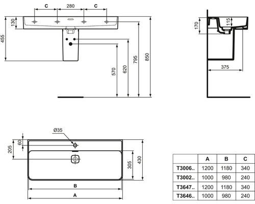 Technický výkres umyvadla s rozměry.