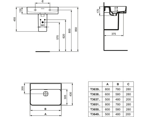Technický výkres umyvadla s rozměry