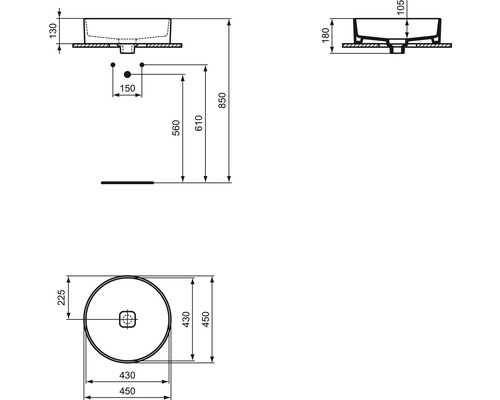 Technický výkres umyvadla na desku s rozměry