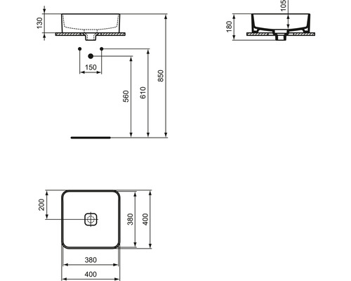 Technický výkres umyvadla s rozměry