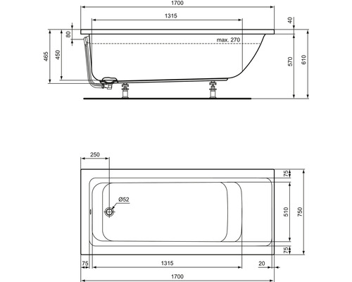 Technický nákres vany s rozměry