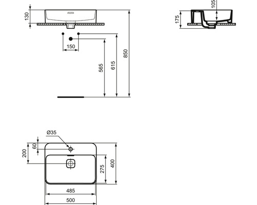 Technický nákres umyvadla s rozměry