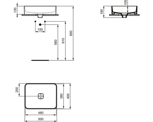 Technický nákres umyvadla na desku s rozměry