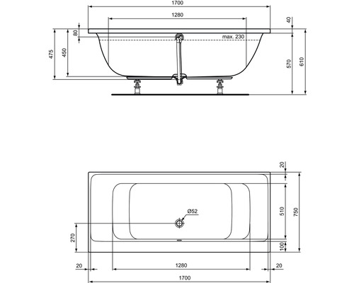 Technický výkres vany s rozměry