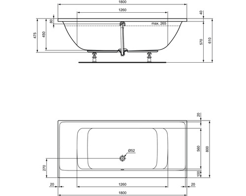 Technický nákres vany s rozměry