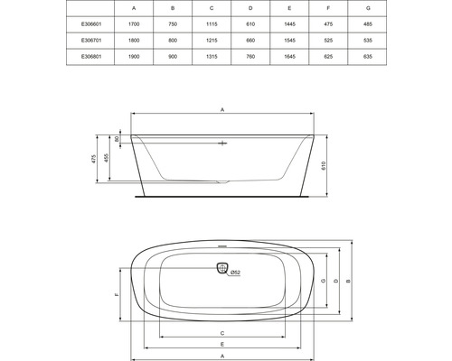 Technický nákres vany s rozměry