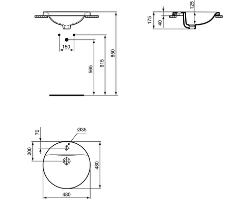 Technický výkres umyvadla na desku s rozměry