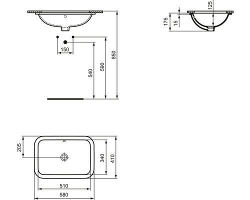 Technický výkres umyvadla na desku s rozměry.