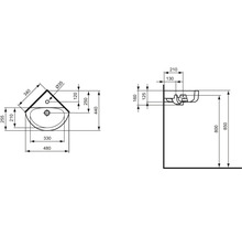 Technický výkres rohového umyvadla s rozměry