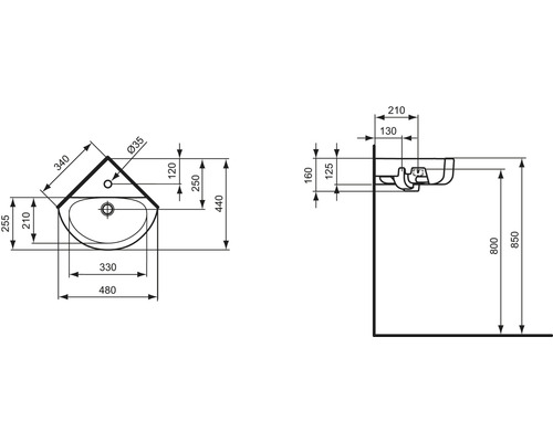 Technický výkres rohového umyvadla s rozměry